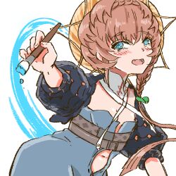 Rule 34 | 1girl, belt, black sleeves, blue eyes, blue overalls, blush, braid, breasts, brown hair, buckle, clothing cutout, crown braid, fang, fate/grand order, fate (series), hand up, holding, holding paintbrush, looking at viewer, navel, navel cutout, open mouth, orange headwear, overalls, paint, paint splatter, paintbrush, puffy sleeves, shimogamo (shimomo 12), side braid, simple background, small breasts, solo, striped clothes, striped headwear, tongue, van gogh (fate), white background