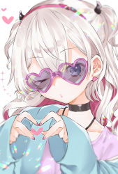 Rule 34 | 1girl, abe suke, black choker, blue eyes, blue jacket, blurry, blurry foreground, choker, closed mouth, collarbone, depth of field, earrings, fingernails, hair between eyes, hairband, hands up, head tilt, heart, heart-shaped eyewear, heart hands, highres, horns, jacket, jewelry, long hair, long sleeves, multicolored hair, musubime yui, nail polish, off shoulder, one eye closed, one side up, open clothes, open jacket, pink-framed eyewear, pink hair, pink hairband, pink nails, pink shirt, saikyou virtual talent audition, shirt, silver hair, simple background, sleeves past wrists, solo, sparkle, sunglasses, two-tone hair, virtual youtuber, white background