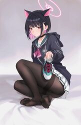 Rule 34 | 1girl, absurdres, animal ears, black hair, blue archive, feet, highres, holding, holding shoes, kazusa (blue archive), looking at viewer, medium hair, multicolored hair, pantyhose, red eyes, shoes, unworn shoes, single shoe, soles, steam, toes, two-tone hair