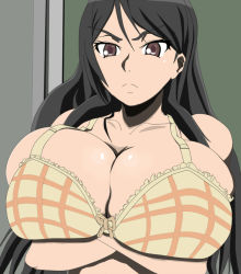 Rule 34 | 1girl, alternate breast size, angry, anime coloring, bare shoulders, black hair, bow, bra, breast hold, breasts, brown bow, brown eyes, bursting breasts, cleavage, crossed arms, eyebrows, female focus, frown, fukiyose seiri, hair between eyes, huge breasts, indoors, large breasts, long hair, plaid, plaid bra, shiny skin, solo, split mouth, toaru majutsu no index, toaru majutsu no index: old testament, toshi aki, undersized clothes, underwear, upper body, v-shaped eyebrows, yellow bra