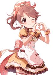 Rule 34 | 1girl, absurdres, buchi (y0u0ri ), doughnut, dress, earrings, food, food-themed clothes, food-themed hair ornament, frilled dress, frills, hair ornament, heart, heart hands, highres, idol, idolmaster, idolmaster cinderella girls, idolmaster cinderella girls starlight stage, jewelry, looking at viewer, one eye closed, ribbon, shiina noriko, simple background, sleeve cuffs, smile, solo, white background