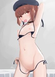 Rule 34 | 1girl, arm up, armpits, bell, beret, bikini, black bikini, blush, breasts, brown hair, choker, condom, condom in mouth, condom wrapper, female focus, hat, highres, jingle bell, kantai collection, looking at viewer, micro bikini, mouth hold, nao salad, navel, neck bell, nipples, pussy, short hair, signature, small breasts, solo, standing, swimsuit, untied bikini, upper body, z3 max schultz (kancolle)