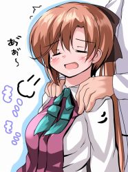 Rule 34 | 10s, 1girl, ^ ^, akigumo (kancolle), brown hair, closed eyes, hair ribbon, jacket, kantai collection, massage, open mouth, ponytail, ribbon, shoulder massage, simple background, solo focus, tsuzuri (tuzuri), upper body, white background