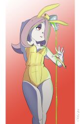 Rule 34 | absurdres, animal ears, chadgarciaburg, cuffs, fake animal ears, half-closed eyes, highres, leotard, little witch academia, pink hair, playboy bunny, potion, rabbit ears, red background, red eyes, simple background, sucy manbavaran, yellow leotard