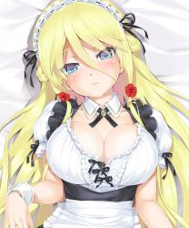 Rule 34 | 1girl, alice (bishoujo mangekyou), apron, bed sheet, bishoujo mangekyou, bishoujo mangekyou: kami ga tsukuritamouta shoujo-tachi, bishoujo mangekyou (series), blonde hair, blue eyes, blush, breasts, cleavage, detached collar, expressionless, female focus, happoubi jin, head tilt, large breasts, long hair, looking at viewer, lying, maid, maid apron, maid headdress, on back, short sleeves, solo, tears, underbust, upper body, wrist cuffs