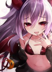 Rule 34 | 1girl, :d, bikini, black skirt, breasts, brown background, commentary request, demon girl, demon horns, demon tail, demon wings, evo grim, fang, grey hair, grim aloe, hair between eyes, hand to own mouth, hand up, heart, highres, horns, long hair, long sleeves, looking at viewer, navel, open mouth, puffy long sleeves, puffy sleeves, quiz magic academy the world evolve, rai (sakuranbo sugar), red bikini, red eyes, red wings, skirt, small breasts, smile, solo, swimsuit, tail, very long hair, wings