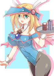 Rule 34 | 1girl, alternate costume, animal ears, bare shoulders, between breasts, blonde hair, blush, blush stickers, breasts, rabbit ears, rabbit tail, card, card between breasts, choker, cleavage, dark magician girl, detached collar, duel monster, green eyes, hat, jyon104, large breasts, leotard, long hair, open mouth, pantyhose, pentacle, poker chip, smile, solo, tail, tray, wizard hat, yu-gi-oh!, yuu-gi-ou, yu-gi-oh! duel monsters
