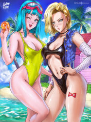 Rule 34 | 2girls, :d, ;d, absurdres, adapted costume, android 18, artist name, bare legs, beach, black choker, black one-piece swimsuit, blonde hair, blue eyes, blue hair, blue sky, blunt bangs, blunt ends, breasts, breasts apart, casual one-piece swimsuit, choker, clothing cutout, cloud, coconut tree, collarbone, cropped jacket, curvy, day, denim, denim jacket, detached sleeves, diving mask, diving mask on head, dragon ball, dragon ball (object), dragonball z, earrings, embarrassed, eyelashes, facing viewer, feet out of frame, fingernails, goggles, goggles on head, grass, hand on own hip, highleg, highleg swimsuit, highres, holding dragon ball, house, jacket, jewelry, kame house, logan cure, looking at viewer, looking away, maron (dragon ball), medium breasts, medium hair, mixed-language commentary, multiple girls, navel, navel cutout, ocean, one-piece swimsuit, one eye closed, open mouth, outdoors, paid reward available, palm tree, red ribbon army, revealing clothes, shiny skin, shiny swimsuit, short hair, sideboob, sky, sleeveless, sleeveless jacket, slingshot swimsuit, smile, sparkle, standing, swimsuit, tattoo, thighs, tree, wading, wet, wide hips, wink, yellow one-piece swimsuit