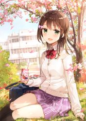Rule 34 | 1girl, arm at side, bag, black socks, blue sky, blush, bow, bowtie, brown hair, building, bush, buttons, cardigan, cherry blossoms, day, drinking straw, duffel bag, feet out of frame, from side, fuumi (radial engine), green eyes, hair bow, holding, kneehighs, long hair, long sleeves, looking at viewer, on grass, on ground, outdoors, pink bow, plaid, plaid skirt, purple skirt, red bow, red bowtie, school, school bag, sitting, skirt, sky, sleeves past wrists, socks, solo, sunlight, tareme, tree, white cardigan, wing collar