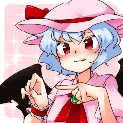 Rule 34 | 1girl, ascot, bat wings, blush, brooch, colored eyelashes, commentary request, dress, hair between eyes, hat, jewelry, kameyan, light purple hair, mob cap, nose blush, penetration gesture, pink dress, red eyes, remilia scarlet, short hair, slit pupils, solo, solo focus, sparkle, tongue, tongue out, touhou, wavy hair, wings, wrist cuffs