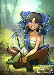 Rule 34 | 1girl, absurdres, artist request, back bow, black hair, blue bow, blunt bangs, bow, breasts, bush, chromatic aberration, cleavage, collarbone, commission, crossed ankles, day, frilled bow, frilled hair tubes, frills, full body, gohei, grin, hair bow, hair tubes, hakurei beimu, hakurei reimu, high heels, highres, holding, holding stick, iganashi1, indian style, jewelry, long hair, looking at viewer, medium breasts, necklace, non-web source, outdoors, pantyhose, parted bangs, purple bow, purple eyes, single bare arm, single bare shoulder, sitting, smile, solo, stick, sunlight, teeth, touhou, tree, v arms