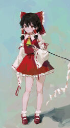 Rule 34 | 1girl, absurdres, bare shoulders, bobby socks, bow, brown eyes, brown hair, closed mouth, detached sleeves, expressionless, frills, full body, gohei, grey background, hair between eyes, hair bow, hair tubes, hakurei reimu, highres, holding, holding stick, blue background, long sleeves, looking at viewer, mary janes, petticoat, red footwear, red skirt, red vest, reddizen, shoes, short hair with long locks, simple background, skirt, skirt set, sleeves past fingers, sleeves past wrists, socks, solo, standing, stick, touhou, vest, wide sleeves