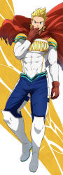 Rule 34 | 1boy, absurdres, bara, blonde hair, blue eyes, bodysuit, boku no hero academia, cape, covered abs, covered navel, full body, gloves, highres, kuroshinki, large pectorals, male focus, muscular, pectorals, short hair, skin tight, smile, solo, thick thighs, thighs, togata mirio, toned, toned male