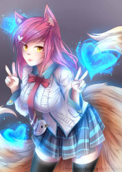 Rule 34 | 1girl, academy ahri, ahri (league of legends), animal ears, black thighhighs, breasts, double v, facial mark, fox ears, fox tail, hair ornament, hairclip, heart, heart hair ornament, large breasts, league of legends, lips, long hair, looking at viewer, multiple tails, red hair, school uniform, skirt, solo, tail, thighhighs, v, whisker markings, yellow eyes