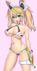 Rule 34 | 1girl, :d, aqua eyes, asamura hiori, bare shoulders, blonde hair, bracelet, breasts, collarbone, contrapposto, fang, gene (pso2), gluteal fold, hair between eyes, highres, jewelry, large breasts, long hair, looking at viewer, multicolored hair, navel, open mouth, phantasy star, phantasy star online 2, pink background, revision, simple background, skindentation, smile, solo, standing, streaked hair, twintails