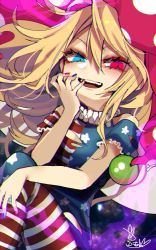 Rule 34 | alternate eye color, american flag dress, american flag legwear, blonde hair, blue eyes, blue nails, clownpiece, feet out of frame, fua yuu, hair between eyes, hand up, hat, heterochromia, highres, jester cap, long hair, looking at viewer, nail polish, one-hour drawing challenge, open mouth, pantyhose, pink hat, polka dot headwear, red eyes, red nails, short sleeves, signature, smile, touhou