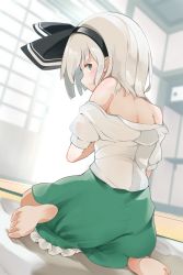 Rule 34 | 1girl, 258n, absurdres, back, bare shoulders, barefoot, black hairband, blush, closed mouth, door, floor, from behind, futon, green eyes, green skirt, hair between eyes, hairband, highres, konpaku youmu, light, looking at viewer, looking back, open clothes, open door, puffy short sleeves, puffy sleeves, seiza, shirt, short hair, short sleeves, silver hair, sitting, skirt, solo, touhou, undressing, wariza, white shirt