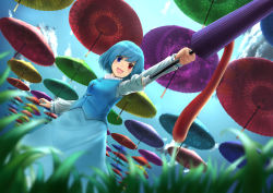 Rule 34 | 1girl, :d, arm up, blue eyes, blue hair, blue skirt, blue sky, blue vest, blurry, blush, breasts, cloud, commentary request, depth of field, dutch angle, feet out of frame, from below, grass, heterochromia, highres, juliet sleeves, karakasa obake, long sleeves, looking away, luke (kyeftss), oil-paper umbrella, open mouth, outstretched arm, puffy sleeves, red eyes, skirt, skirt set, sky, small breasts, smile, solo, swept bangs, tatara kogasa, touhou, umbrella, vest