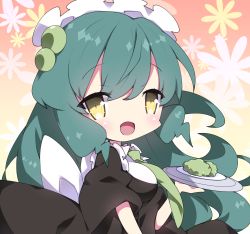 Rule 34 | 1girl, :d, alternate costume, black dress, blush, breasts, commentary request, dress, enmaided, floral background, food, green hair, green necktie, hair between eyes, hair ornament, highres, holding, holding tray, long hair, looking at viewer, looking to the side, maid, maid headdress, medium breasts, milkpanda, necktie, open mouth, plate, short sleeves, smile, solo, touhoku zunko, tray, upper body, very long hair, voiceroid, wide sleeves, yellow eyes