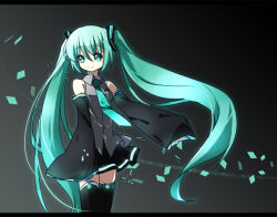 Rule 34 | 1girl, aqua eyes, aqua hair, bad id, bad pixiv id, detached sleeves, female focus, gradient background, hatsune miku, letterboxed, long hair, necktie, pf, skirt, sleeves past wrists, smile, solo, thighhighs, twintails, very long hair, vocaloid