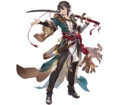 Rule 34 | 10s, 1boy, belt, blue eyes, brown hair, cain (granblue fantasy), full body, granblue fantasy, gun, male focus, minaba hideo, official art, one eye closed, open mouth, solo, sword, teeth, transparent background, weapon