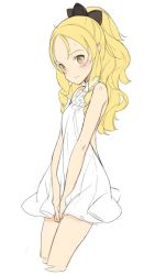 Rule 34 | 10s, 1girl, :&gt;, bare shoulders, black bow, blonde hair, blush, bow, brown eyes, commentary, cropped legs, dress, drill hair, eromanga sensei, hair bow, long hair, ooyari ashito, pointy ears, ponytail, sidelocks, simple background, solo, v arms, white background, white dress, yamada elf