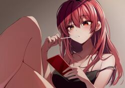 Rule 34 | 1girl, absurdres, black camisole, blush, breasts, brushing teeth, camisole, cellphone, collarbone, crossed legs, grey background, hair between eyes, hair down, heterochromia, highres, hololive, houshou marine, large breasts, long hair, looking at phone, phone, red eyes, red hair, sitting, smartphone, solo, strap slip, thighs, toothbrush, toothbrush in mouth, virtual youtuber, yellow eyes, yoshioka pochi