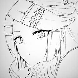 Rule 34 | 1girl, 2020, closed mouth, commentary, frown, greyscale, hair ornament, hairclip, kagamine rin, lineart, looking at viewer, monochrome, naruse bell, portrait, short hair, solo, swept bangs, turtleneck, vocaloid
