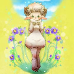 Rule 34 | 1girl, artist request, blush, dress, female focus, flower, full body, furry, furry female, green eyes, grey hair, lowres, nature, outdoors, plant, sheep, short hair, sky, solo