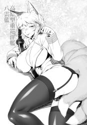 Rule 34 | 1girl, ;p, animal ears, azur lane, between legs, breasts, fang, fox ears, fox tail, garter belt, garter straps, gloves, greyscale, highres, katana, large breasts, lying, monochrome, multiple tails, on side, one breast out, one eye closed, paw pose, pussy juice, sheath, skindentation, sword, tail, thighhighs, tongue, tongue out, touhou, uniform, weapon, yakumo ran, yukaran nosuke