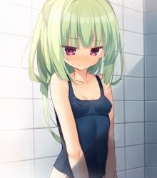 Rule 34 | 1girl, bare arms, bare shoulders, blush, breasts, cariboy, closed mouth, collarbone, commentary, covered erect nipples, covered navel, green hair, long hair, murasame (senren), nose blush, purple eyes, senren banka, small breasts, solo, symbol-only commentary, tile wall, tiles