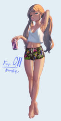 Rule 34 | 1girl, absurdres, arm behind back, arm up, armpits, barefoot, blue eyes, breasts, brown hair, camisole, can, crossed legs, drink can, feet, full body, grey background, highres, holding, legs, long hair, low twintails, midriff, navel, neereu, original, print shorts, short shorts, shorts, simple background, sketch, small breasts, soda can, solo, strap slip, thigh gap, thighs, toes, twintails, white camisole