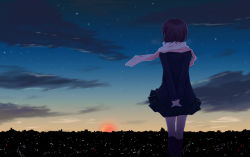 Rule 34 | 1girl, arms behind back, kneehighs, night, night sky, original, scarf, shima tokio, sky, socks, solo, standing, star (sky), sunrise