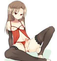 Rule 34 | 1boy, arm support, babydoll, black gloves, black thighhighs, breastless clothes, brown hair, censored, crotchless, crotchless panties, elbow gloves, erection, gloves, highres, lace, lace-trimmed gloves, lace-trimmed legwear, lace trim, lingerie, looking at viewer, male focus, mosaic censoring, navel, nipples, original, panties, penis, red eyes, red panties, smile, solo, spread legs, thighhighs, tokoroten (dig0545), trap, underwear