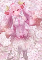 Rule 34 | 1girl, absurdres, blush, breasts, cherry blossoms, cherry hair ornament, detached sleeves, floral background, flower, food-themed hair ornament, foot out of frame, frilled shirt, frills, grey thighhighs, hair between eyes, hair flower, hair ornament, hatsune miku, highres, long hair, looking at viewer, medium breasts, musical note, naruse hizuki, necktie, open mouth, petals, pink eyes, pink flower, pink hair, pink necktie, pink skirt, pleated skirt, sakura miku, shirt, skirt, sleeveless, sleeveless shirt, solo, staff (music), thighhighs, tie clip, twintails, very long hair, vocaloid, white shirt, wide sleeves, zettai ryouiki