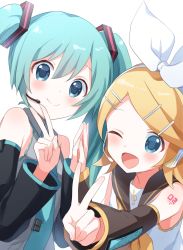 Rule 34 | 2girls, aqua eyes, aqua hair, aqua necktie, arm warmers, bare shoulders, black collar, black sleeves, blonde hair, bow, buchi (y0u0ri ), collar, commentary, detached sleeves, grey shirt, hair bow, hair ornament, hairclip, hatsune miku, headphones, headset, highres, holding hands, kagamine rin, long hair, looking at viewer, multiple girls, necktie, one eye closed, open mouth, outstretched arm, palms together, sailor collar, school uniform, shirt, short hair, shoulder tattoo, sleeveless, sleeveless shirt, smile, spiked hair, swept bangs, tattoo, treble clef, twintails, upper body, v, very long hair, vocaloid, white bow, white shirt