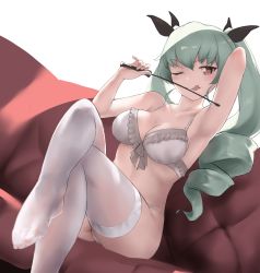 Rule 34 | 1girl, ;q, anchovy (girls und panzer), aqua hair, arm up, armpits, bare arms, bare shoulders, black ribbon, blush, bra, breasts, closed mouth, collarbone, commission, couch, crossed legs, den (kur0 yuki), drill hair, dutch angle, feet, frilled bra, frills, girls und panzer, hair ribbon, holding, long hair, looking at viewer, medium breasts, no shoes, on couch, one eye closed, panties, pixiv commission, red eyes, ribbon, riding crop, simple background, smile, solo, thighhighs, tongue, tongue out, twin drills, twintails, underwear, underwear only, v-shaped eyebrows, white background, white bra, white panties, white thighhighs