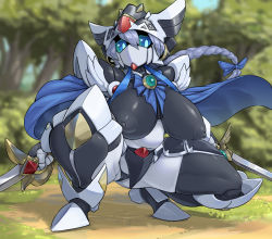 Rule 34 | 1girl, android, black panties, black thighhighs, blue bow, blue cape, blue eyes, bow, braid, breasts, cameltoe, cape, character request, cleft of venus, colored sclera, covered erect nipples, crop top, day, dual wielding, forest, green sclera, grey hair, gundam, hair bow, helmet, holding, holding sword, holding weapon, huge breasts, humanoid robot, impossible clothes, joints, looking at viewer, micro panties, nature, navel, no mouth, outdoors, panties, plump, pochincoff, robot, robot joints, sd gundam, solo, squatting, sword, thighhighs, underwear, valkyrie gundam hazel, weapon