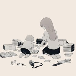 Rule 34 | 1boy, 1girl, avogado6, book, book stack, camera, film strip, long hair, mother and son, muted color, original, photo album, pointing, simple background, sitting, tagme