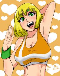 Rule 34 | 1girl, absurdres, arm behind head, arms (game), blonde hair, breasts, cleavage, green eyes, grin, hand up, happy, heart, highres, large breasts, looking at viewer, midriff, min min (arms), nintendo, open mouth, shiny skin, short hair, smile, solo, standing, super smash bros., super smash bros. logo, thick eyebrows, upper body