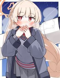 Rule 34 | 1girl, blonde hair, blue archive, blush, braid, breath, breathing on hands, commentary request, covered mouth, dash b, grey jacket, grey shirt, grey skirt, halo, hands up, highres, jacket, long hair, looking at viewer, night, night sky, nodoka (blue archive), open clothes, open jacket, own hands together, pleated skirt, red eyes, shirt, skirt, sky, solo, standing, star (sky), starry sky, sweater vest, telescope, very long hair
