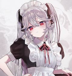 Rule 34 | 1girl, apron, black bow, black dress, bow, closed mouth, collared dress, commentary request, dress, frilled apron, frills, grey hair, hair between eyes, hair bow, hand on own hip, head tilt, highres, long hair, looking at viewer, maid, maid apron, maid headdress, neck ribbon, original, puffy short sleeves, puffy sleeves, red eyes, red ribbon, revision, ribbon, sha2mo, short sleeves, signature, solo, two side up, very long hair, white apron