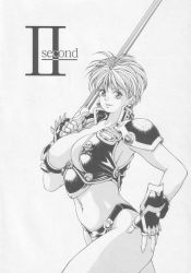 Rule 34 | 1girl, areola slip, armor, bikini armor, breasts, earrings, fingerless gloves, gloves, highres, huge breasts, jewelry, jolly roger, knight, large breasts, looking at viewer, monochrome, no bra, phaia, revealing clothes, short hair, skull and crossed swords, solo, spunky knight, sword, weapon, youhei kozou