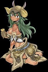 Rule 34 | 1girl, animal ears, back tattoo, barefoot, breasts, brown eyes, cleavage, clothing request, dark-skinned female, dark skin, full body, gate of nightmares, green hair, highres, holding, holding jar, horns, jar, kneeling, large breasts, leg tattoo, long hair, looking at viewer, luka (gate of nightmares), mashima hiro, official art, sheep horns, shoulder tattoo, simple background, tattoo, translation request, transparent background