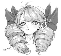 Rule 34 | 1girl, bow, greyscale, gwen (league of legends), hair bow, hair ornament, league of legends, long hair, low twintails, lowres, monochrome, neko-me-kun, signature, solo, symbol in eye, teeth, twintails