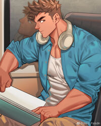 Rule 34 | 1boy, bara, book, brown hair, bus interior, facial hair, feet out of frame, from side, headphones, headphones around neck, holding, holding book, long sideburns, looking at viewer, looking to the side, male focus, muscular, muscular male, open clothes, open shirt, original, pectoral cleavage, pectorals, short hair, sideburns, sideburns stubble, sideways glance, sitting, sleeves rolled up, solo, stubble, tank top, thick eyebrows, white tank top, youchi123