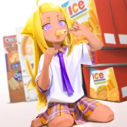 Rule 34 | 1girl, ahoge, animal ears, barefoot, blonde hair, box, child, collared shirt, commentary request, dark-skinned female, dark skin, food, food in mouth, full body, hands up, holding, long hair, looking at viewer, multicolored clothes, multicolored skirt, necktie, orange skirt, original, plaid, plaid skirt, popsicle, popsicle in mouth, purple eyes, purple necktie, purple skirt, ryohhe, shirt, short sleeves, sidelocks, sitting, skirt, solo, wariza, white shirt