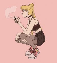 Rule 34 | 1girl, bishoujo senshi sailor moon, black choker, black nails, black shirt, black shorts, blonde hair, blouse, choker, cigarette, commentary, crescent moon, crop top, english commentary, from side, full body, grunge (genre), highres, holding, holding cigarette, lauren davis, long hair, looking ahead, moon, moon print, nail polish, pantyhose, pantyhose under shorts, parted lips, pink-tinted eyewear, pink background, pink footwear, profile, round eyewear, sailor moon, see-through, shirt, shoes, shorts, simple background, smoke, sneakers, solo, stomach, tinted eyewear, torn clothes, torn pantyhose, very long hair