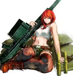 Rule 34 | 1girl, anti-materiel rifle, arm support, belt, black thighhighs, boots, brown eyes, cartridge, crop top, huge weapon, jittsu, looking at viewer, midriff, navel, original, red hair, short shorts, shorts, sitting, smile, solo, tank top, thighhighs, weapon