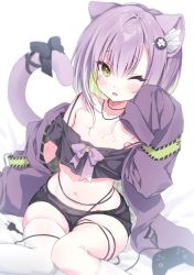 Rule 34 | 1girl, animal ears, belt, black shirt, black shorts, cat ears, cat girl, cat tail, cropped shirt, fang, indie virtual youtuber, jacket, long sleeves, looking at viewer, navel, nikuya (nikuniku nikuya), off-shoulder shirt, off shoulder, one eye closed, open clothes, open jacket, oversized clothes, purple hair, purple jacket, shirt, short hair, shorts, shwaa, single thighhigh, sitting, sleeves past fingers, sleeves past wrists, stomach, tail, thighhighs, virtual youtuber, white thighhighs, yellow eyes